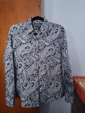 Lauren Ralph Lauren Navy/White Paisley Long-Sleeve Button-Down Top Women Size M